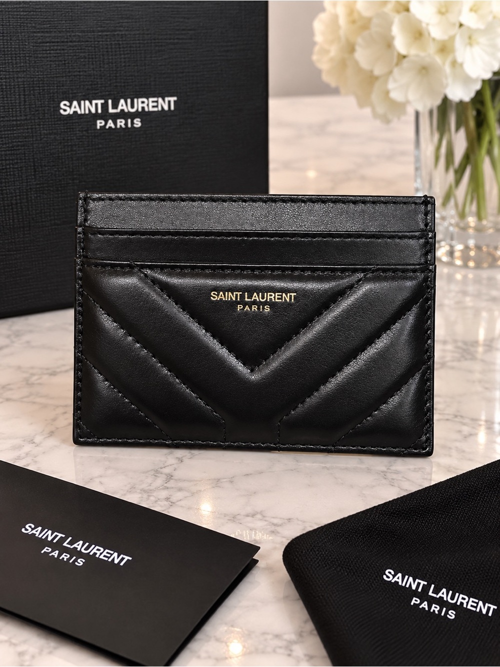 Saint Laurent Paris Chevron Quilted Leather Card Holder – Black